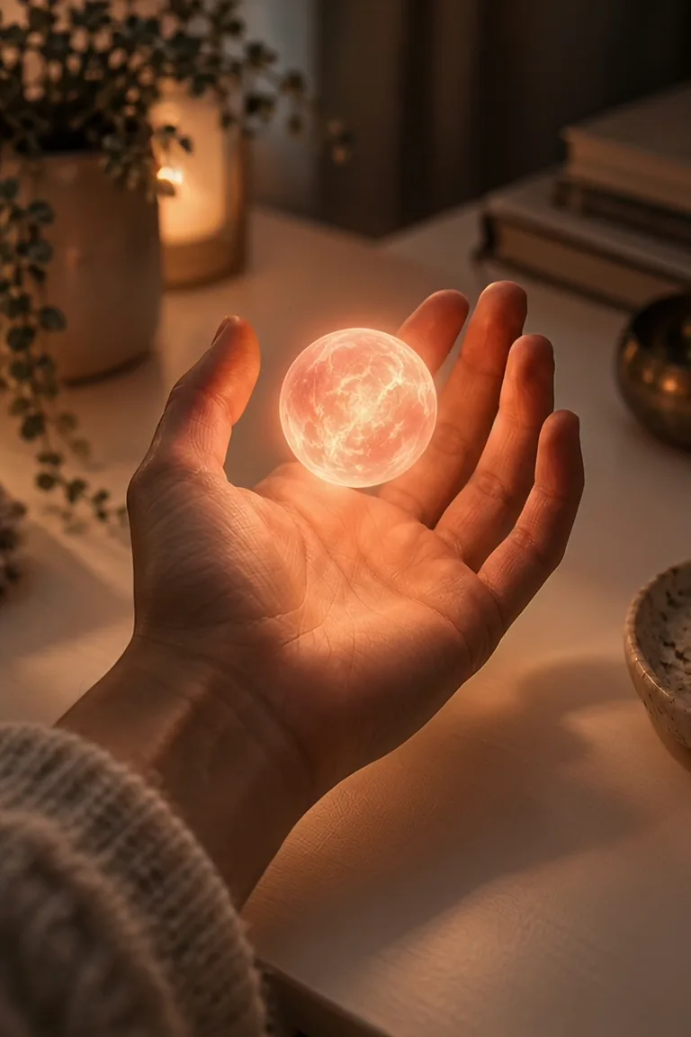 Une main tient une sphère lumineuse qui s’ouvre sur un monde miniature, visuel généré par IA